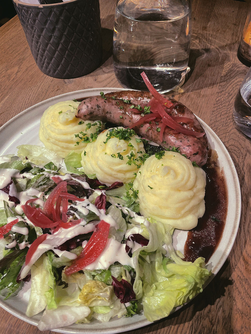 Wild boar sausage and mash from The Hairy Pig